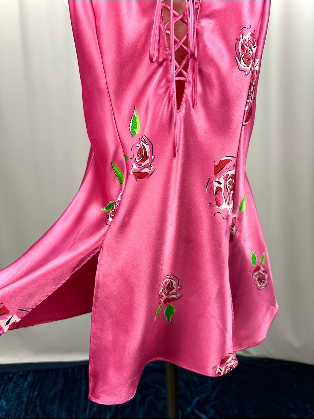 Vintage La Senza Pink Satin Rose Lace Up Babydoll Camisole Y2K Medium - Picture 12 of 16